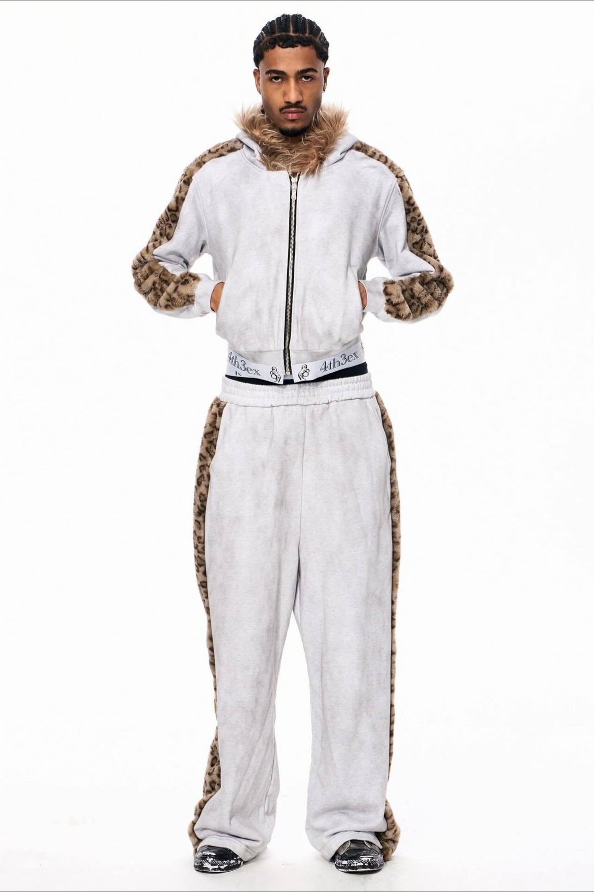 Leopard Faux Fur Trim Zip Up Hoodie