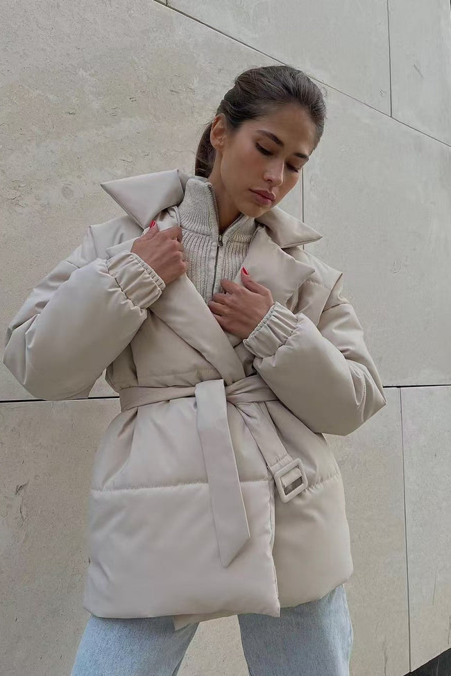 Tie Waist Cotton V-Neck Puffer Jacket Main image