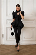 Keyhole Puff Sleeve Asymmetric Peplum Blouse