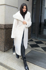 Long Hooded Belted Mink Faux Fur Overcoat