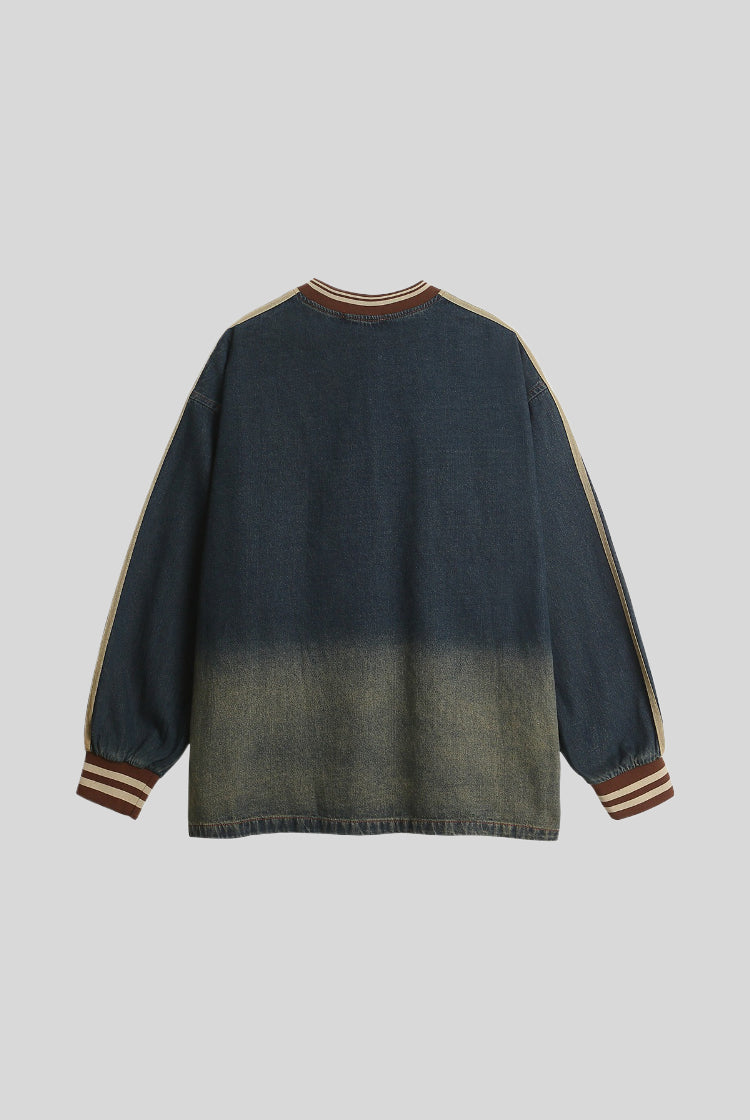 Washed Denim Embroidered V Neck Varsity Sweatshirt
