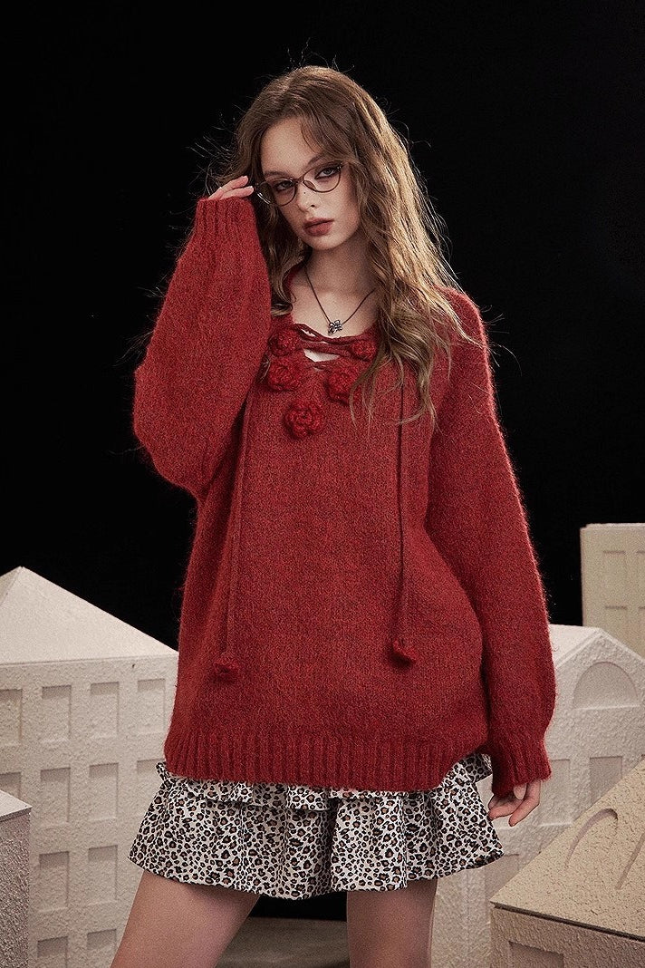 Embroidered Rose V Neck Knit Sweater Secondary image