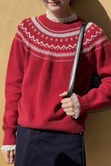 Fair Isle Pattern Loose Crew Neck Color Block Minimalist Sweater