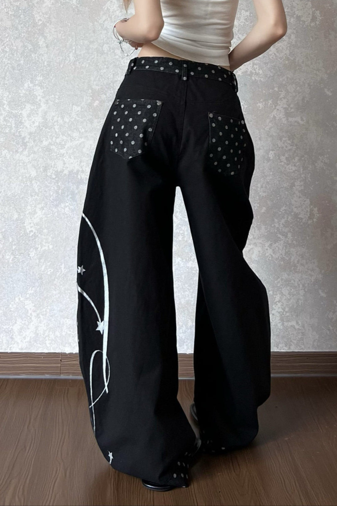Black Letter Print Polka Dot Curved Leg Jeans Secondary image
