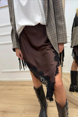 Satin Lace Asymmetric Split Slim A-Line Mini Skirt