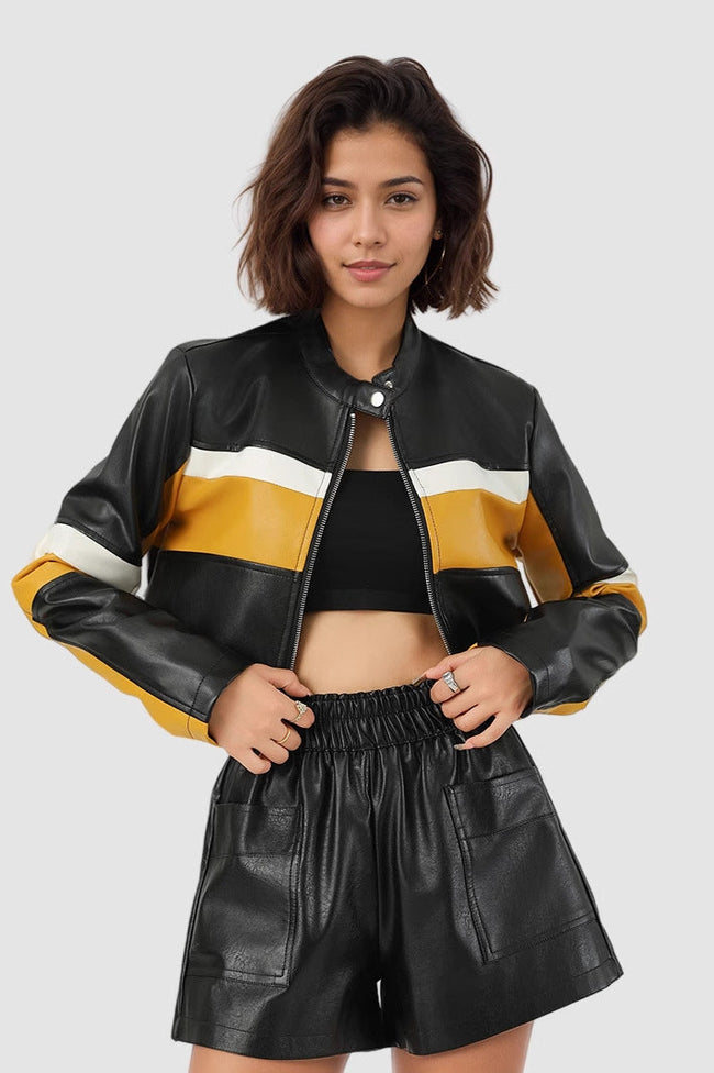 Colorblock PU Cropped Jacket Main image