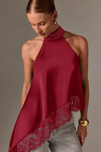 Lace Trim Asymmetric Hem Halter Top