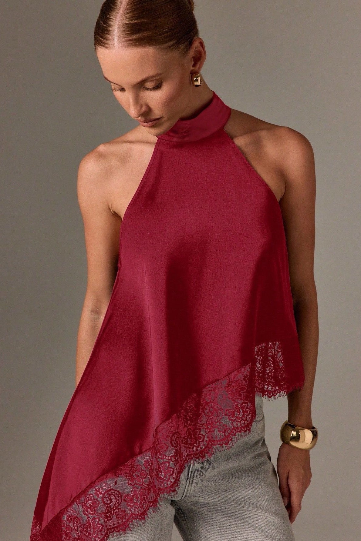 Lace Trim Asymmetric Hem Halter Top