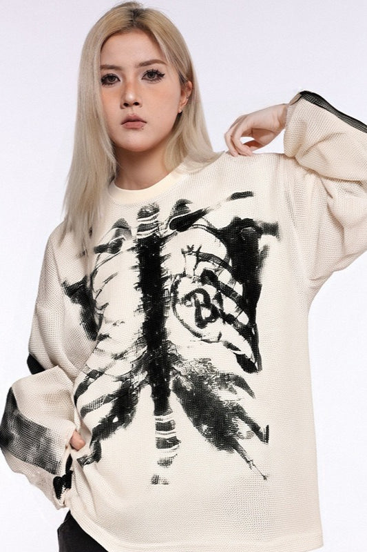 Skeleton Graphic Waffle Oversized Long Sleeve Tee