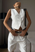 Casual V Neck Single Breasted Two Piece Vest Shorts Set