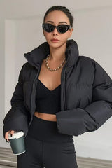 Cropped Patchwork Quilted Puffer Jacket S / Black