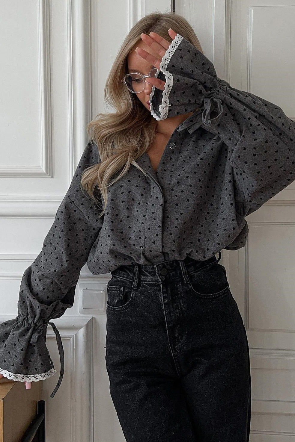 Heart Print Lace Trimmed Blouse Secondary image