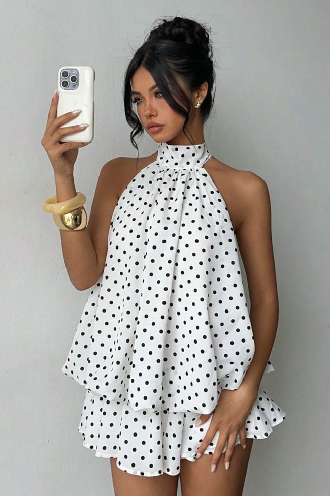 Polka Dot Halter Backless Lace-Up Flared Mini Dress Main image
