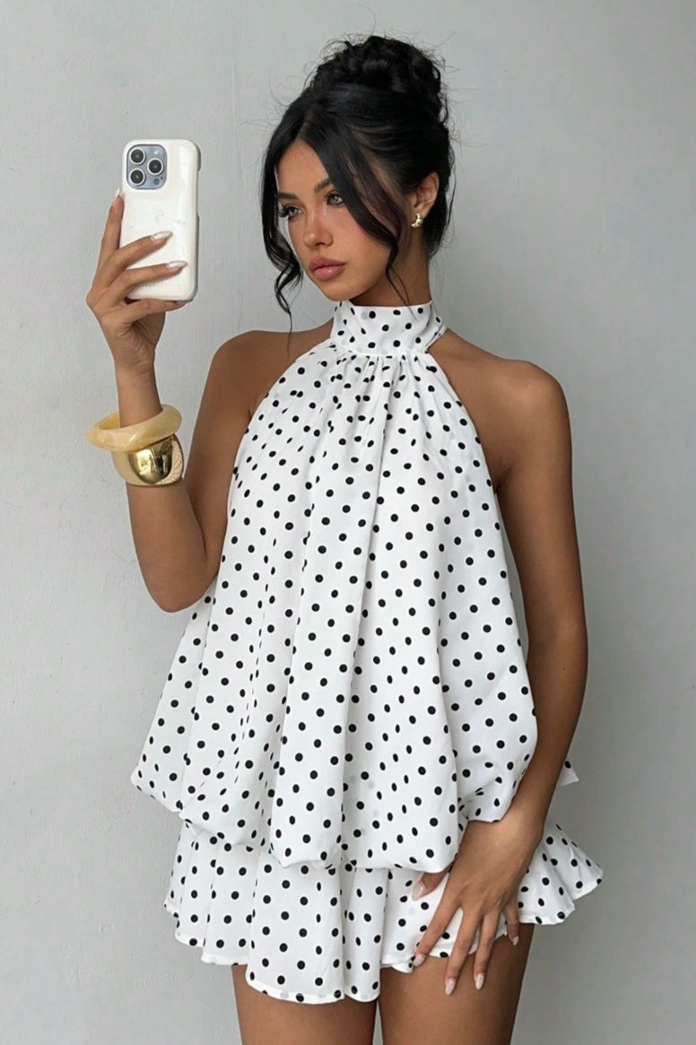 Polka Dot Halter Backless Lace-Up Flared Mini Dress Main image
