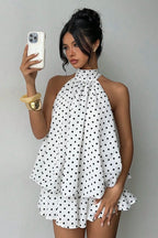 Polka Dot Halter Backless Lace-Up Flared Mini Dress