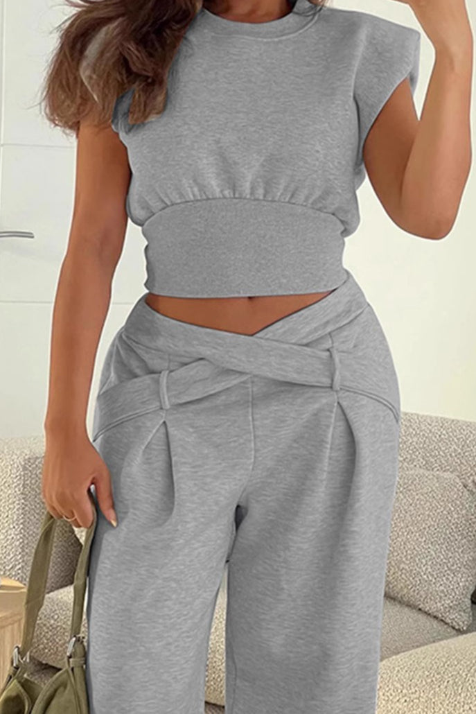 Designer Style Oversized Crop Top Straight Pants Set Main image