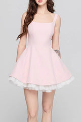 Square Neck Mesh Panel Mini Dress