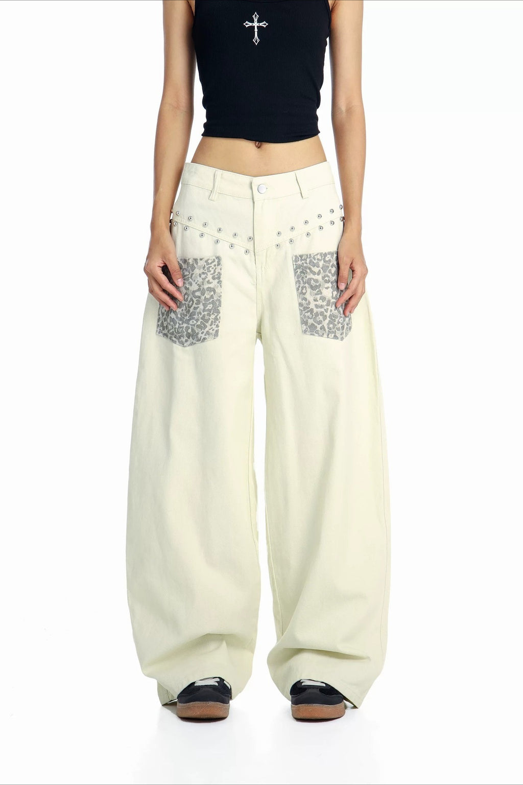 Leopard Pocket Stud Wide Leg Jeans