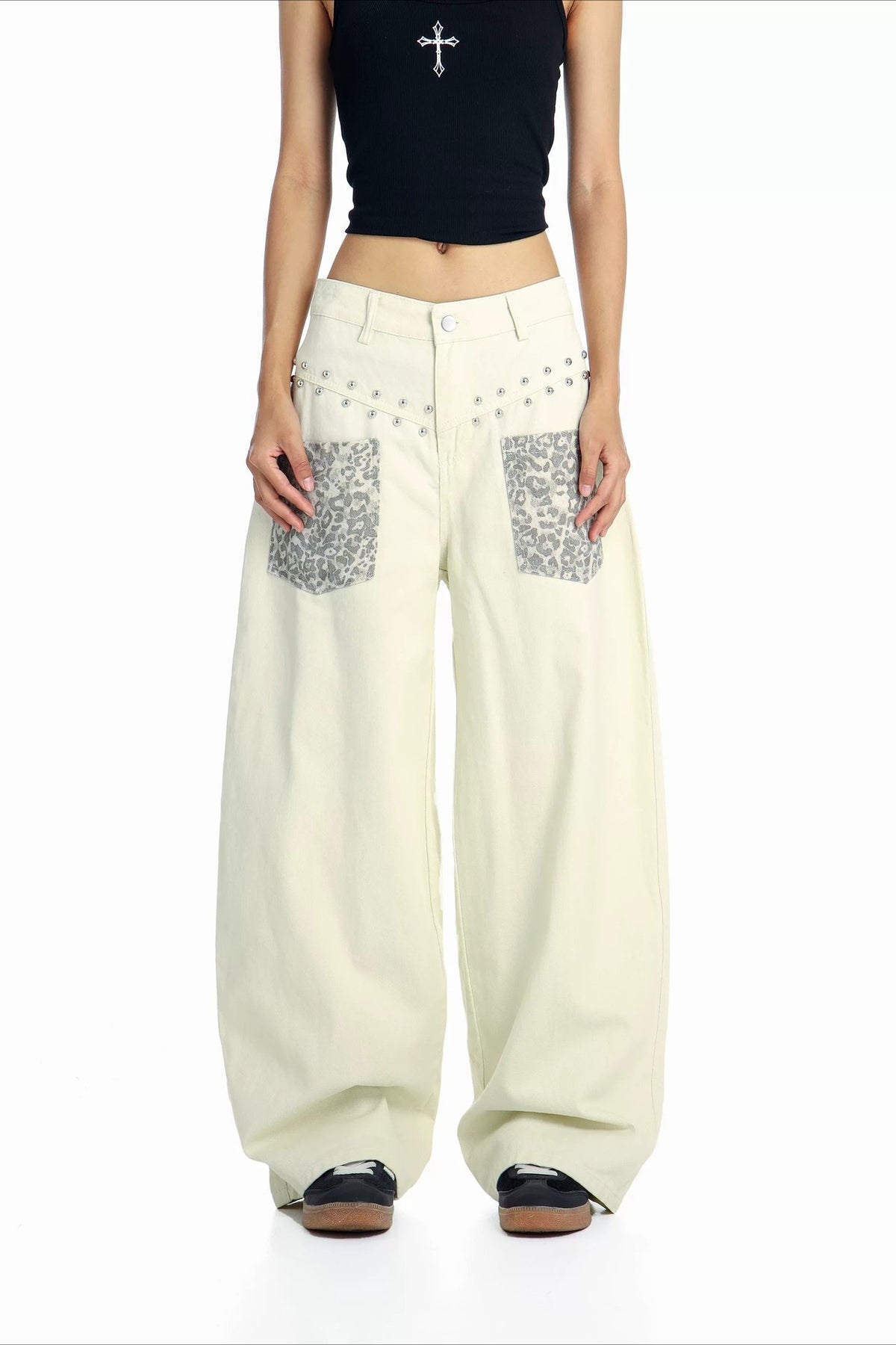 Leopard Pocket Stud Wide Leg Jeans