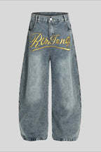 Gold Script Embroidered Barrel Leg Jeans