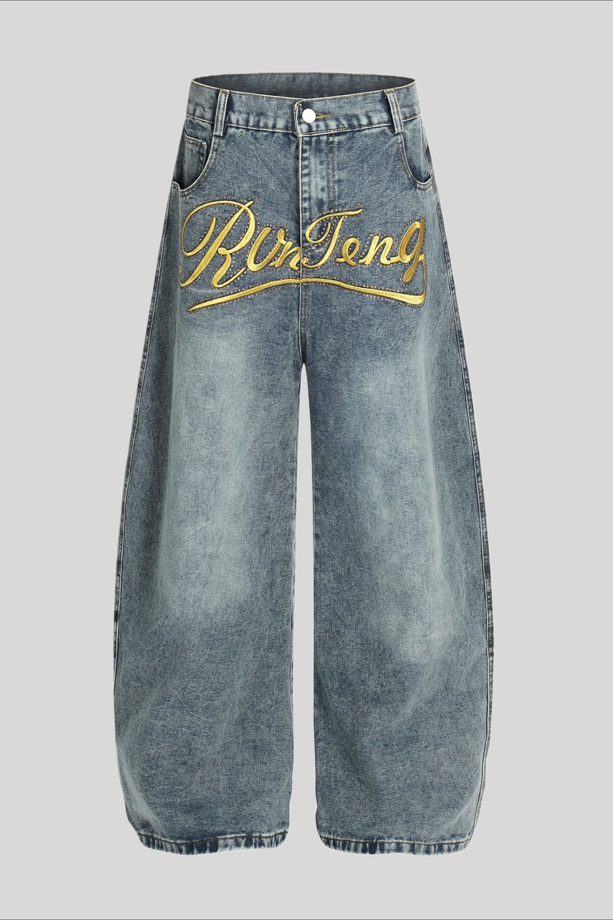 Gold Script Embroidered Barrel Leg Jeans