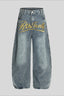 Gold Script Embroidered Barrel Leg Jeans