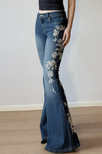 Rose Embroidered Low Rise Flare Leg Jeans