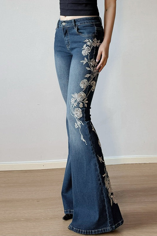 Rose Embroidered Low Rise Flare Leg Jeans