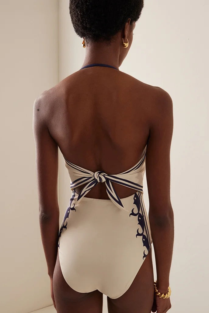 Navy Halter High Waist Strappy One Piece Swimwear Secondary image