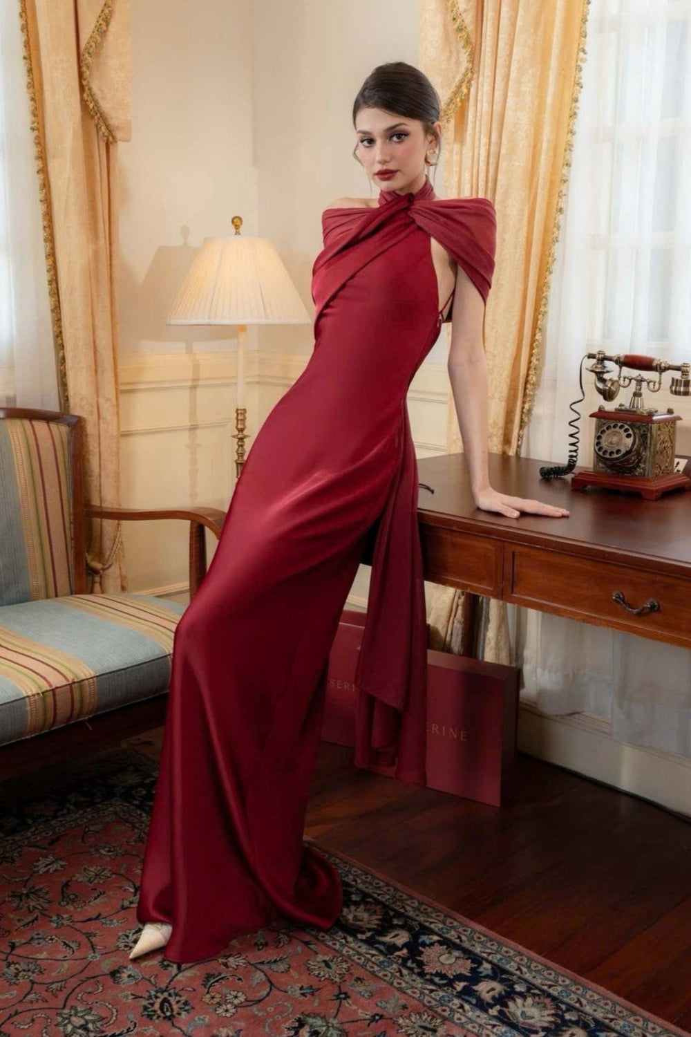 Elegant Satin Slant Neck Sheath Formal Dress