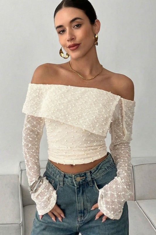 Foldover Off Shoulder Bell Sleeve Lace Tee Main image