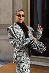 V Neck Zebra Print Two Piece Blazer Skirt Set