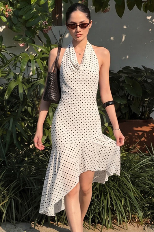 Polka Dot Halter Asymmetrical Hem Midi Dress Secondary image