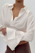 Gathered Waist Bell Sleeve Button Blouse