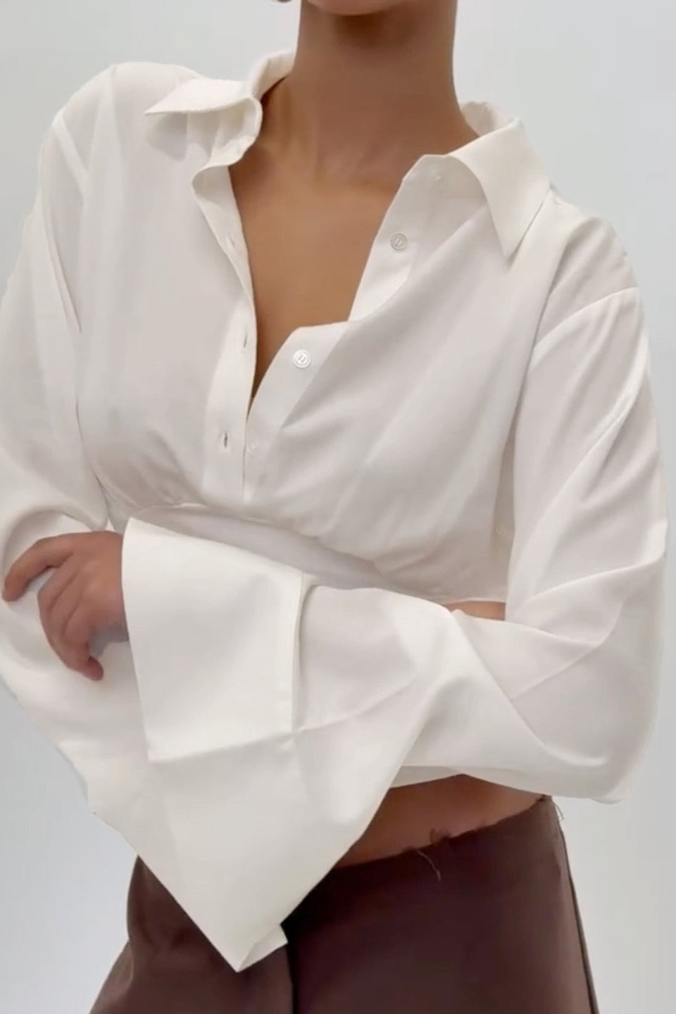 Gathered Waist Bell Sleeve Button Blouse