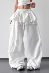 Lace Skirt Hem Trim Wide Leg Casual Pants