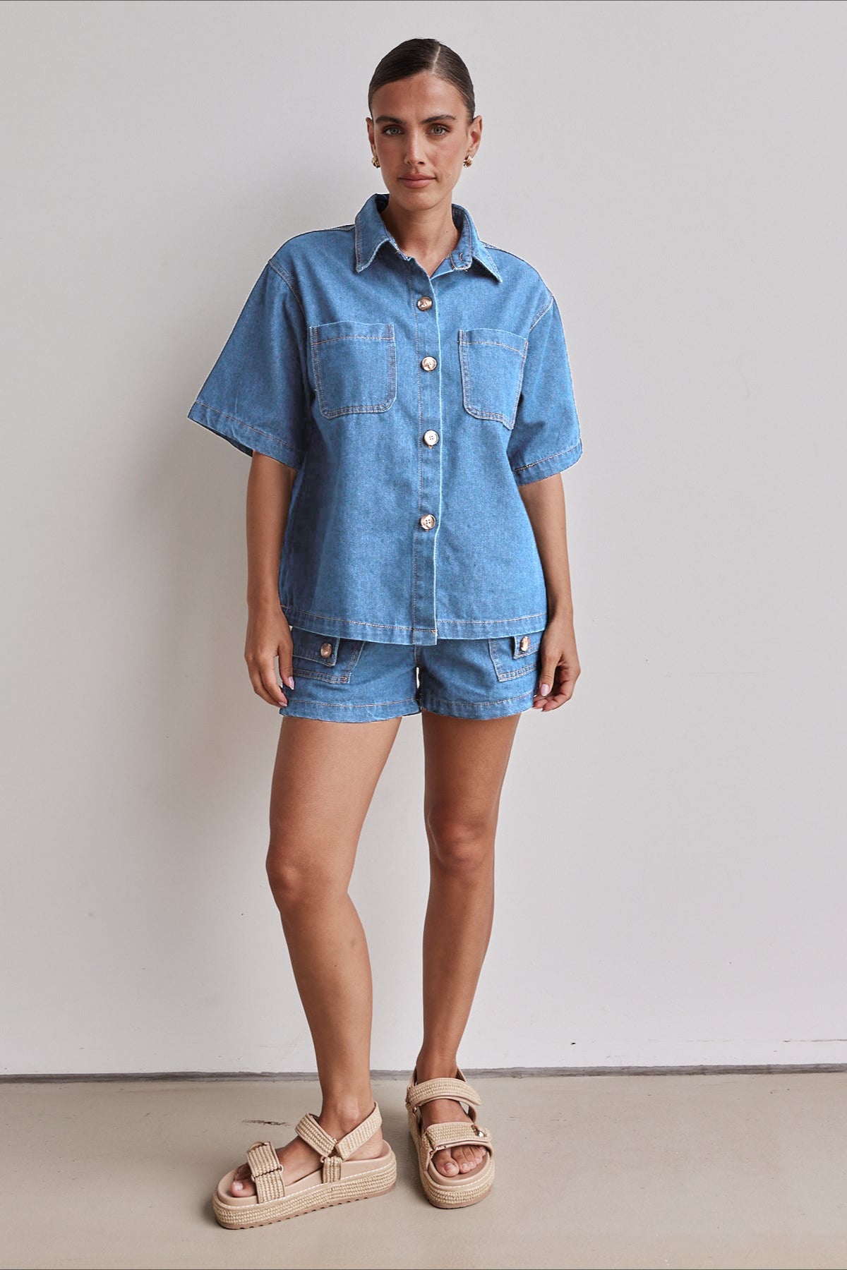 Vintage Loose Shirt Denim Shorts Set