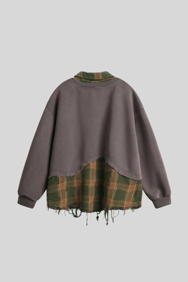Distressed Plaid Layered Polo Collar Oversized Sweatshirt