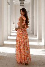 Deep V Backless Cutout Ruffle Floral Dress
