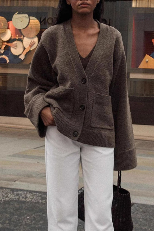Solid Color Knit V Neck Coat Brown / S coats Main image