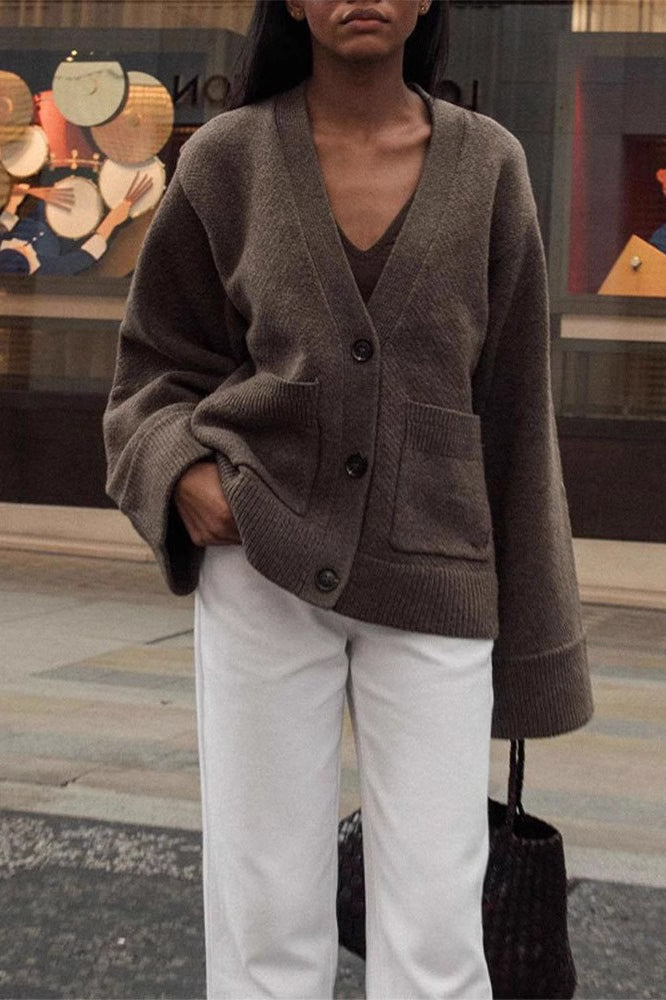Solid Color Knit V Neck Coat Brown / S coats