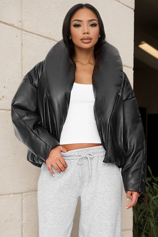 Faux Leather Stand Collar Cropped Puffer Jacket Main image