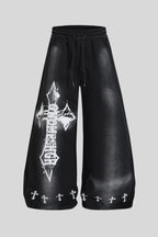 Washed Gothic Cross Wide Leg Sweatpants