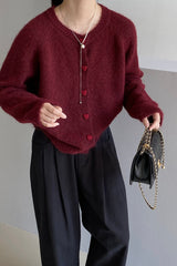 Oversized Heart Button Round Neck Christmas Cardigan