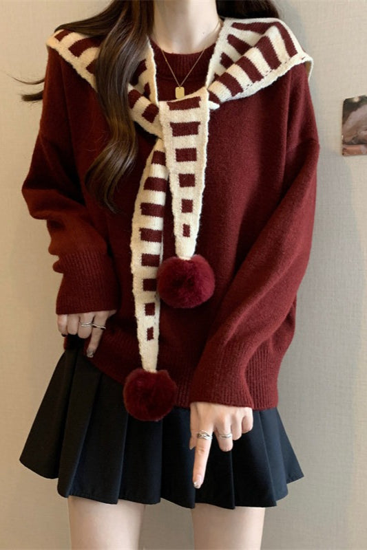 Striped Shawl Collar Pom Pom Solid Sweater Secondary image