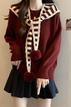 Striped Shawl Collar Pom Pom Solid Sweater
