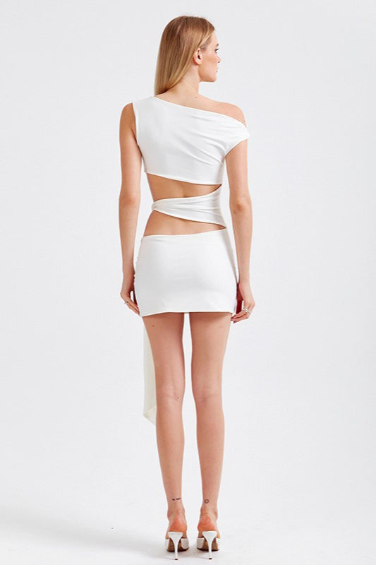 Solid Asymmetrical Neck Cutout Tie Fitted Bodycon Mini Dress