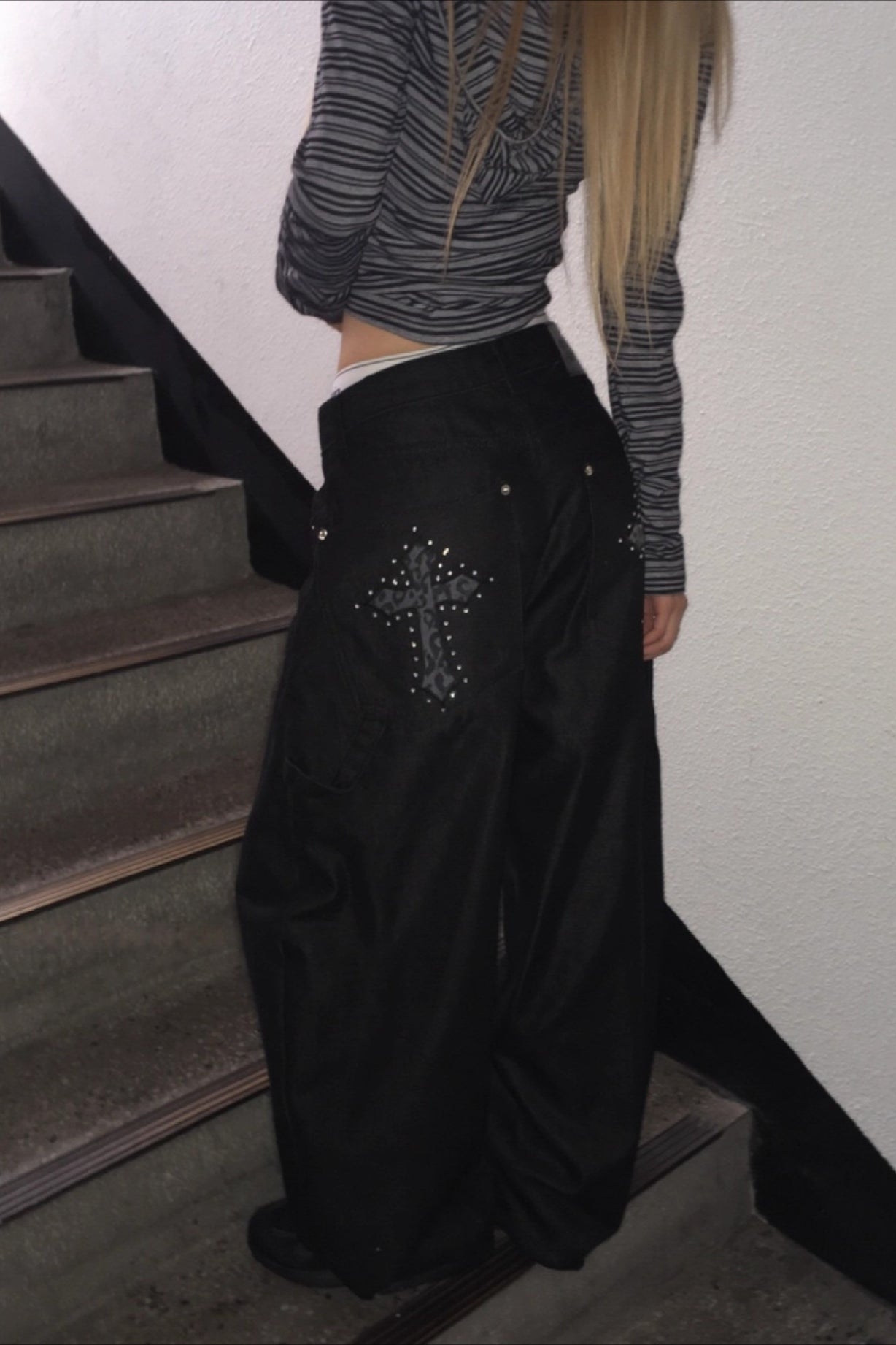 Black Leopard Cross Graphic Loose Curved Leg Jeans