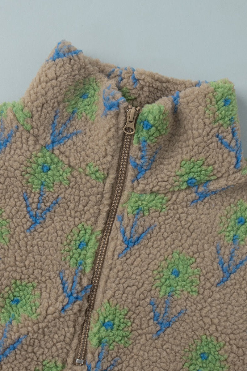 Floral Sherpa High Neck Half Zip Sweatshirt