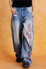 Vintage Embroidered Washed Slouchy Street Casual Jeans